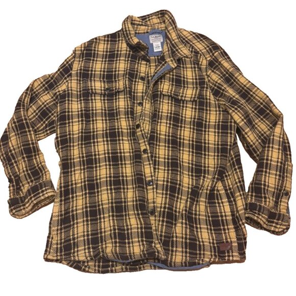 LL Bean Mens XL-Reg Flannel Long Sleeve Shirt Jacket Yellow Plaid with Pockets - Picture 1 of 5